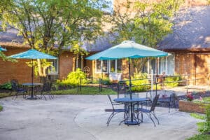 back garden and patio at Circleville Post-Acute